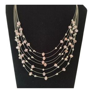 7 Layer Clear Pink Silver Tone Beaded Station Fashion Necklace 18" - 21" Lobster